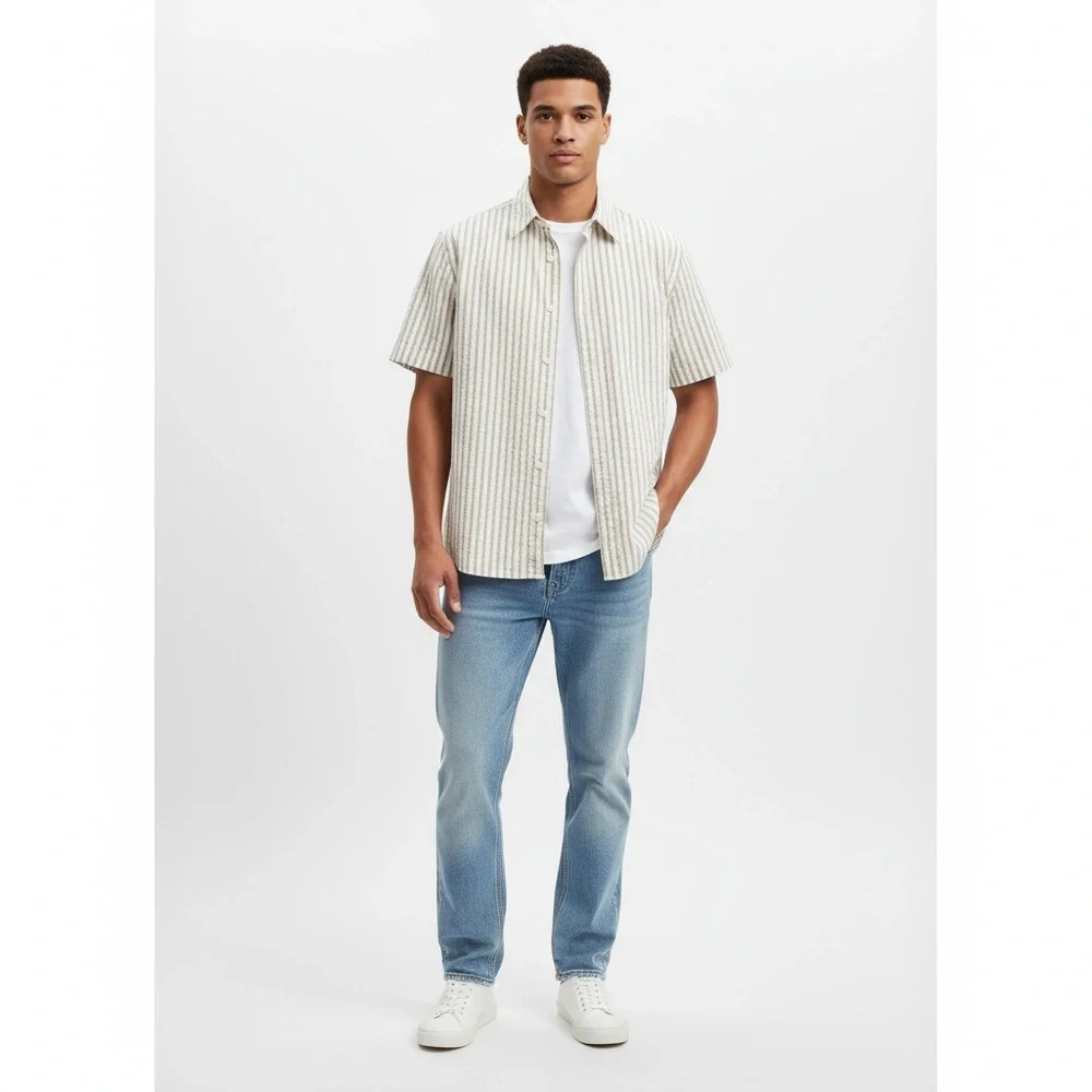 Banana Republic Shirt Medium Khaki White Seersucker Camp Shirt Coastal Preppy